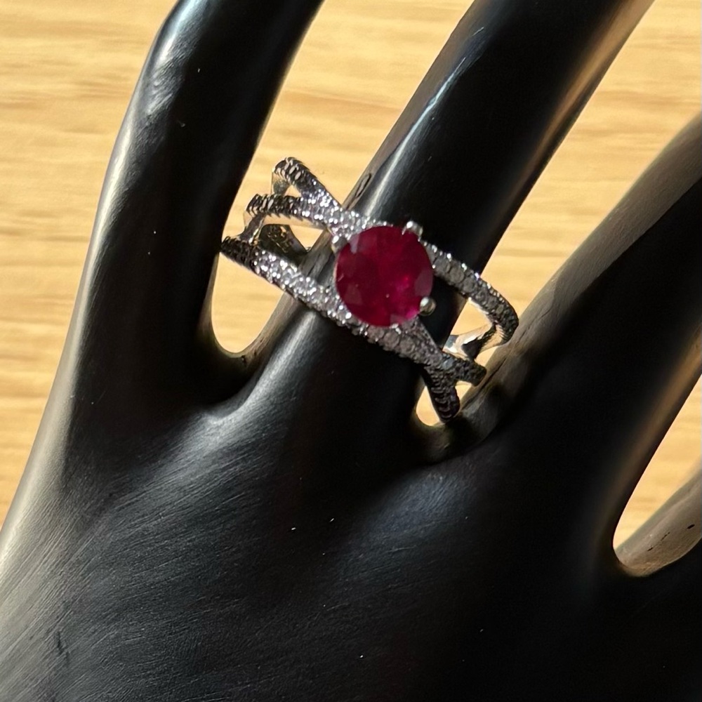 Ruby Red Moissanite Sterling Silver Crossover Ring - image 6